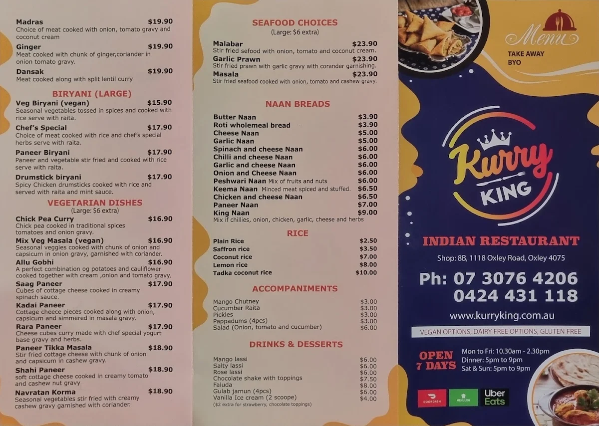 Menu, Kurry King Indian Restaurant Oxley