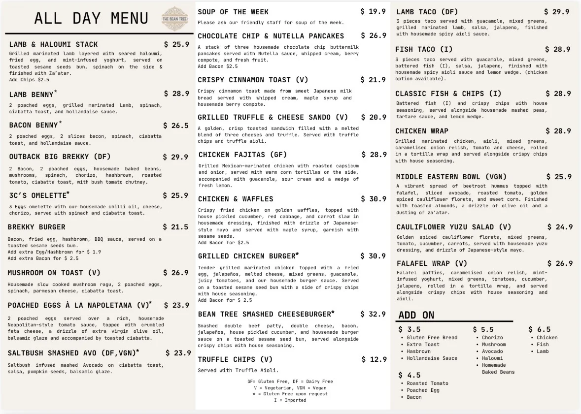 Menu, The Bean Tree Cafe ASP
