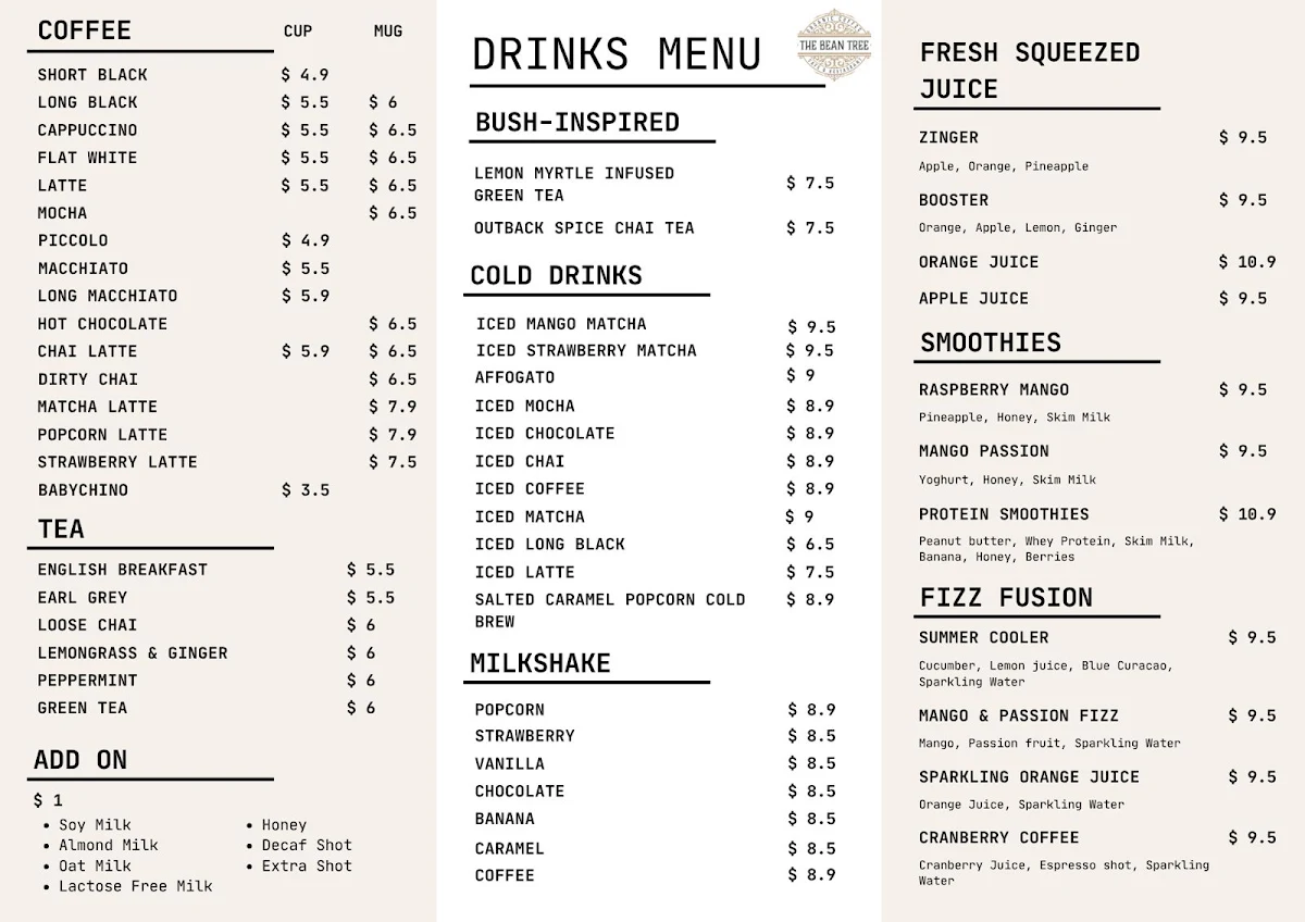 Menu, The Bean Tree Cafe ASP
