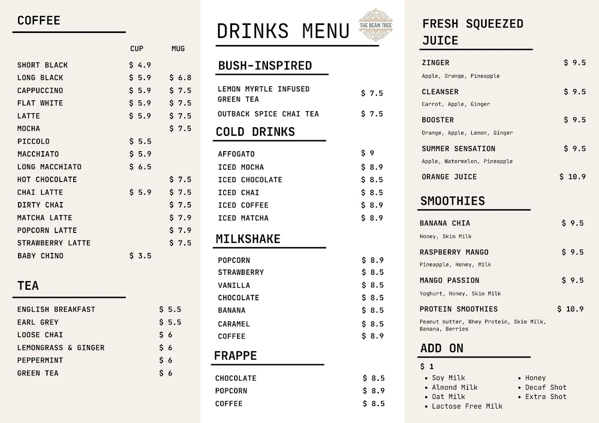 Menu, The Bean Tree Cafe ASP