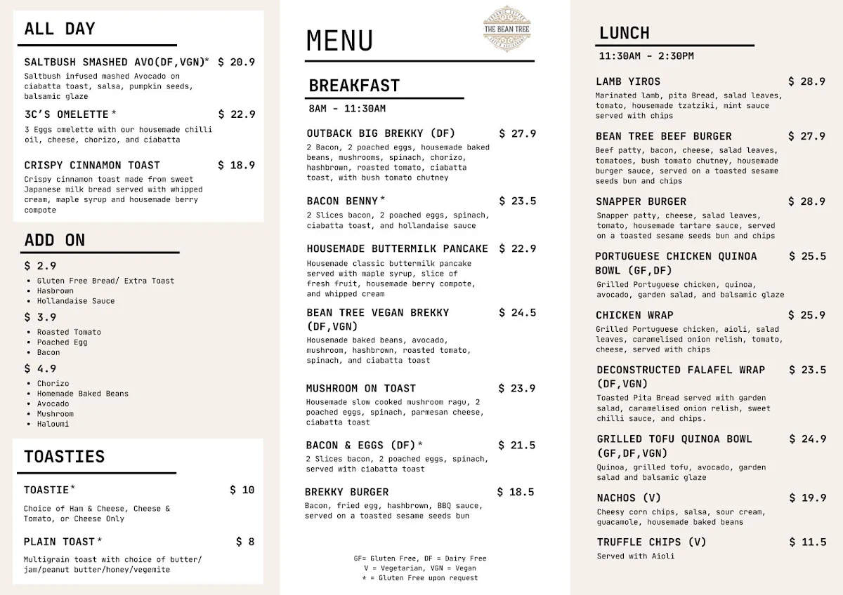 Menu, The Bean Tree Cafe ASP