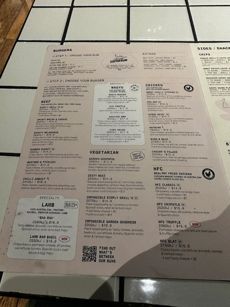 Menu, Grill'd Burgers - Melbourne Central