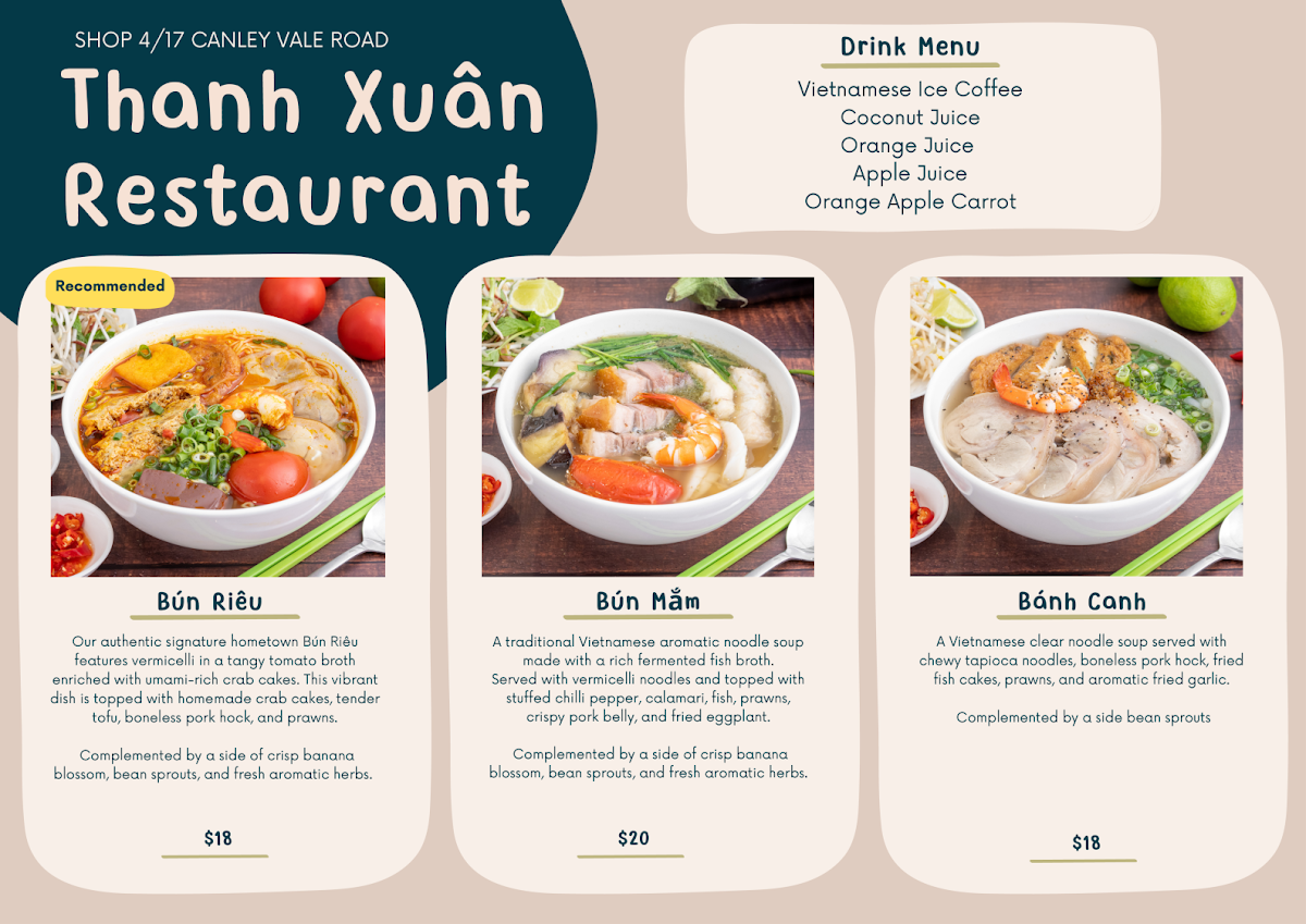 Menu, Cafe Thanh Xuan