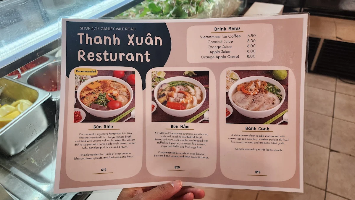 Menu, Cafe Thanh Xuan