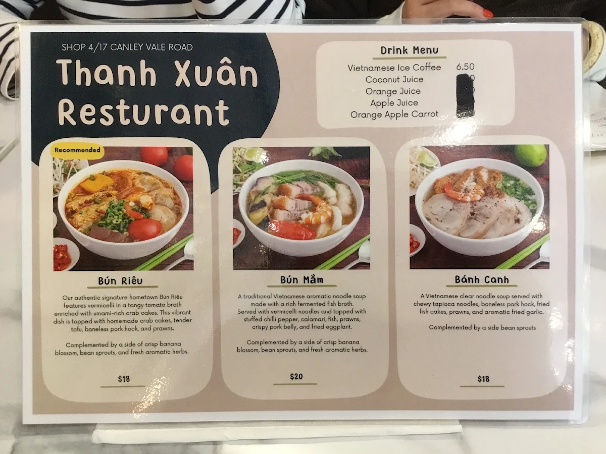 Menu, Cafe Thanh Xuan