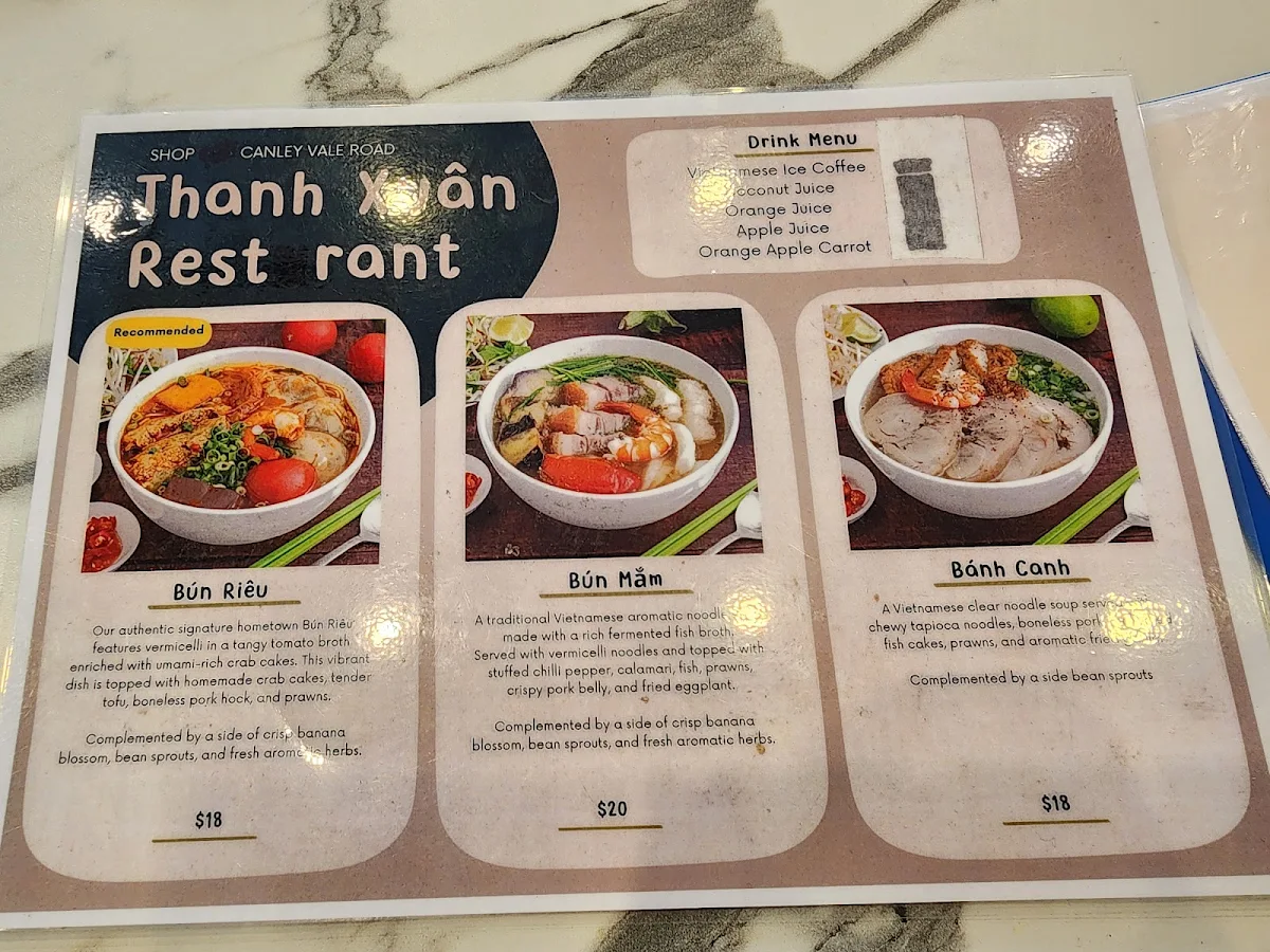 Menu, Cafe Thanh Xuan