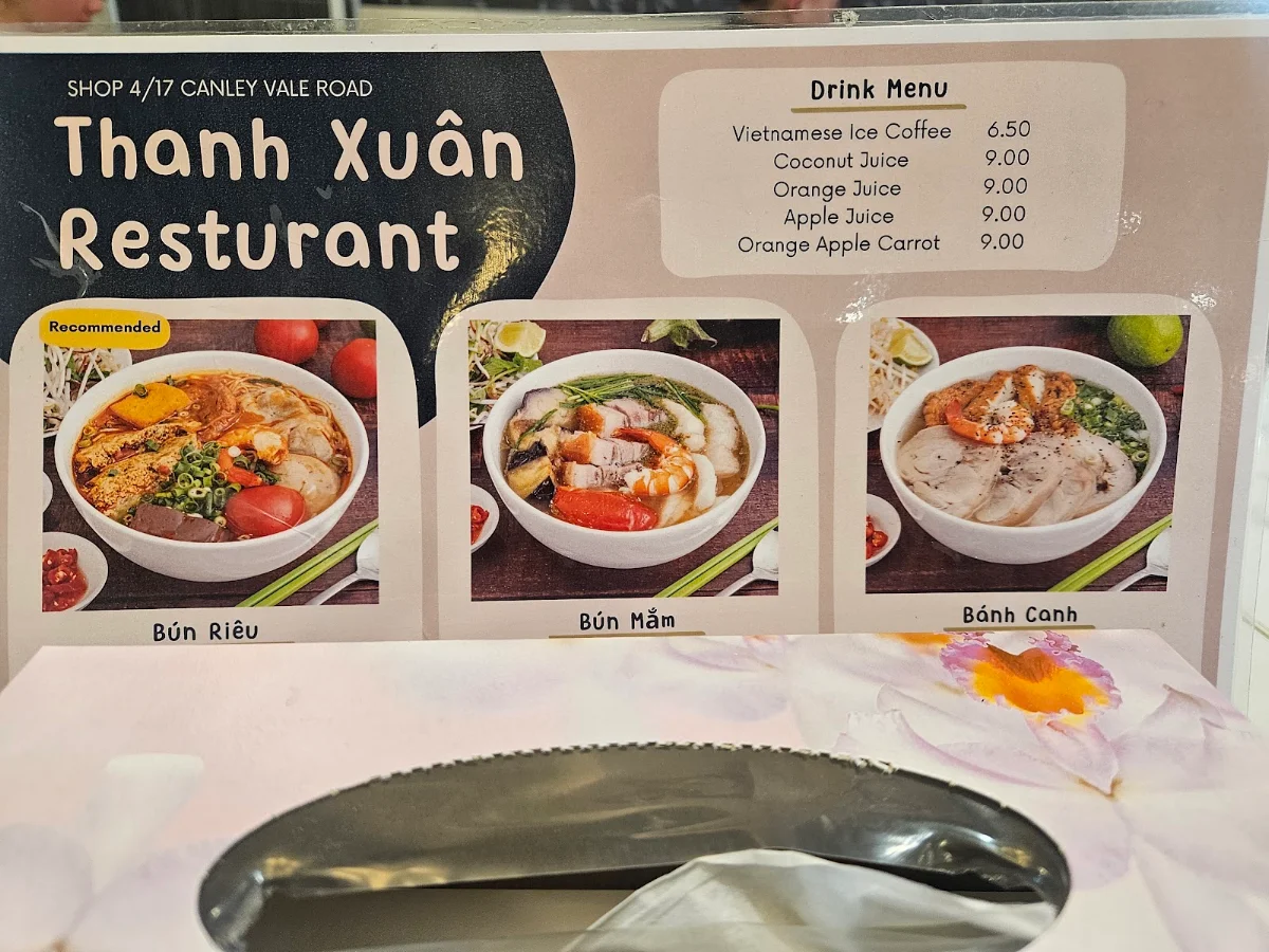 Menu, Cafe Thanh Xuan