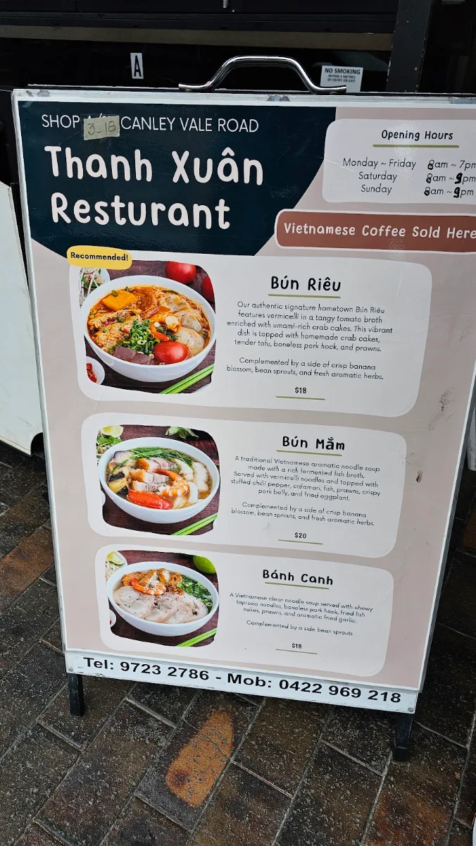 Menu, Cafe Thanh Xuan