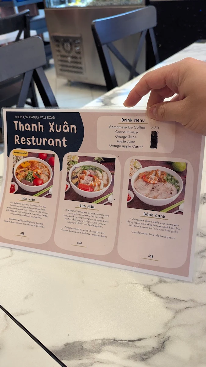 Menu, Cafe Thanh Xuan
