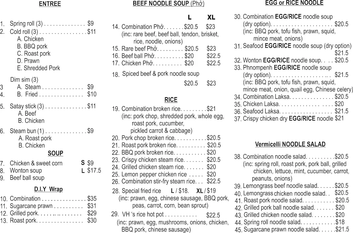 Menu, Pho Vinh Hoa