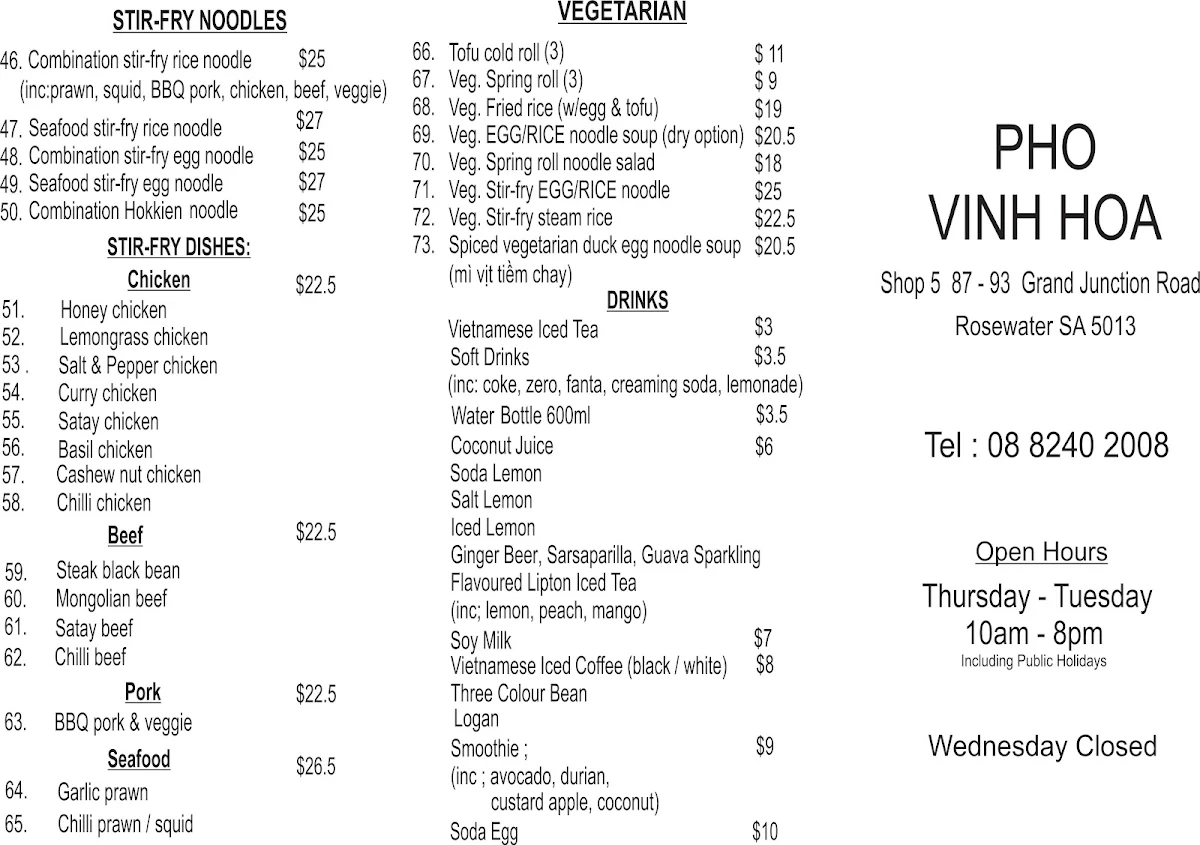 Menu, Pho Vinh Hoa