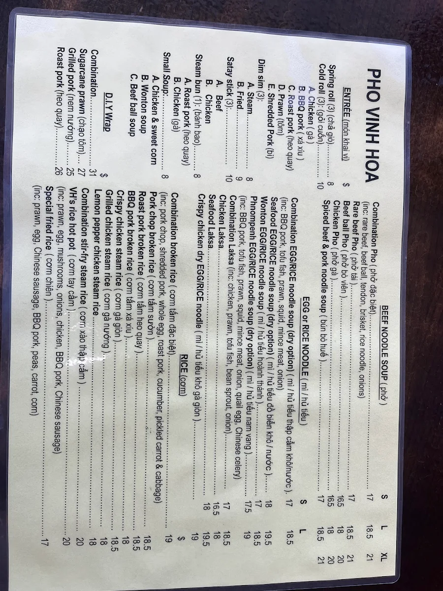 Menu, Pho Vinh Hoa