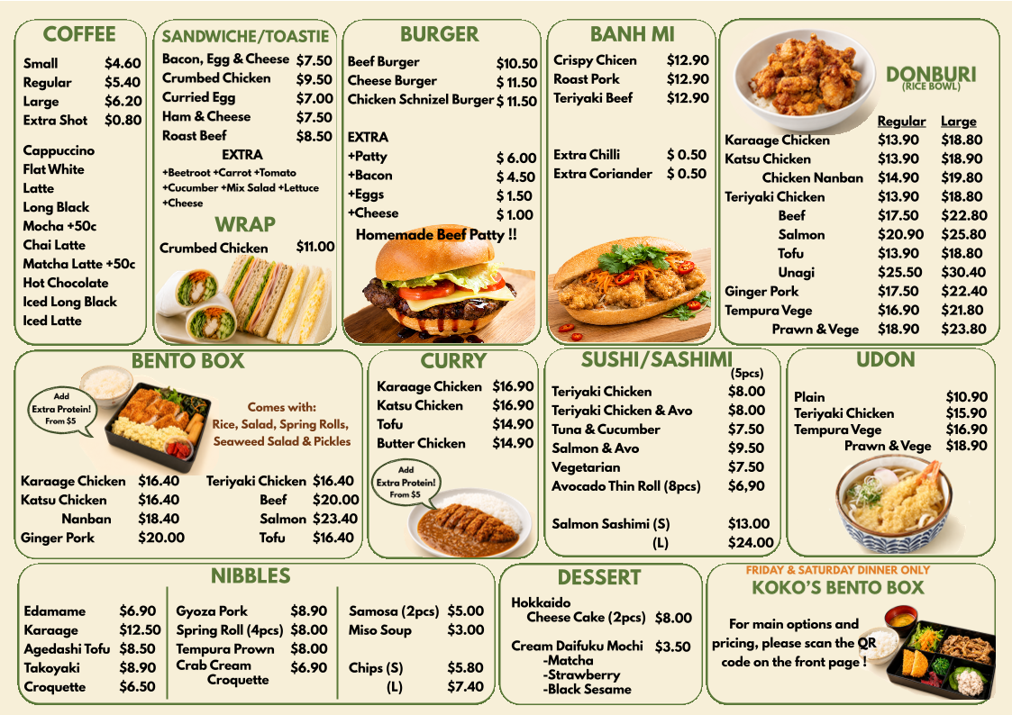 Menu, Koko's Kitchen