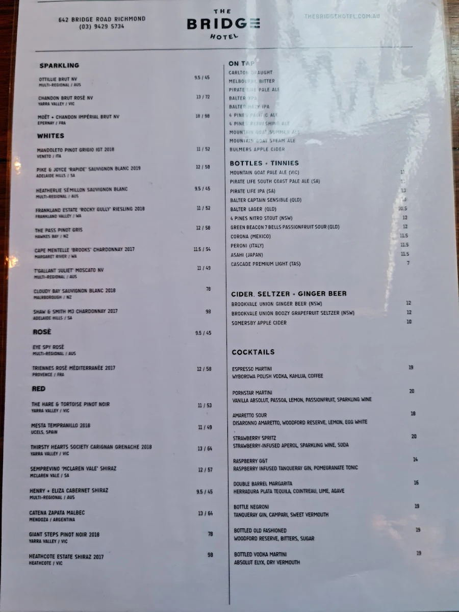 Menu, Bridge Hotel