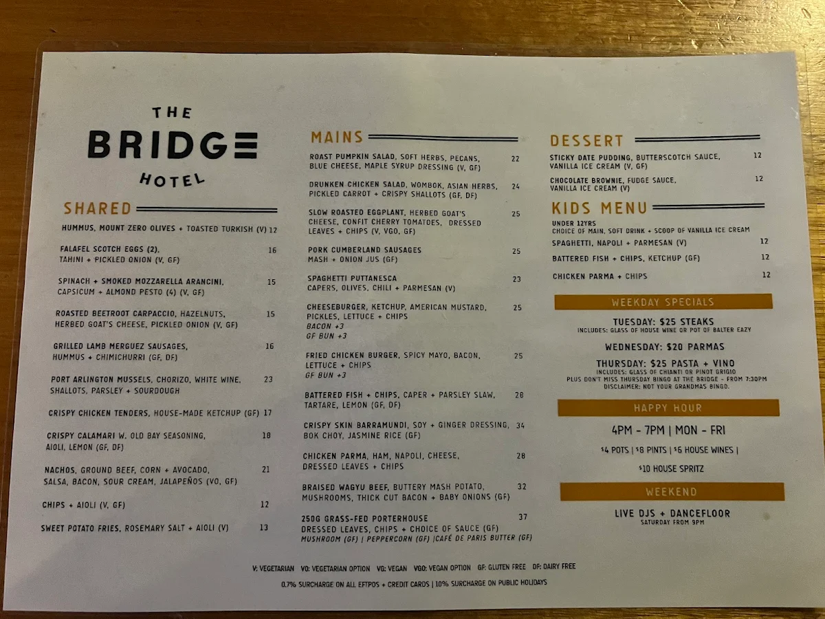 Menu, Bridge Hotel