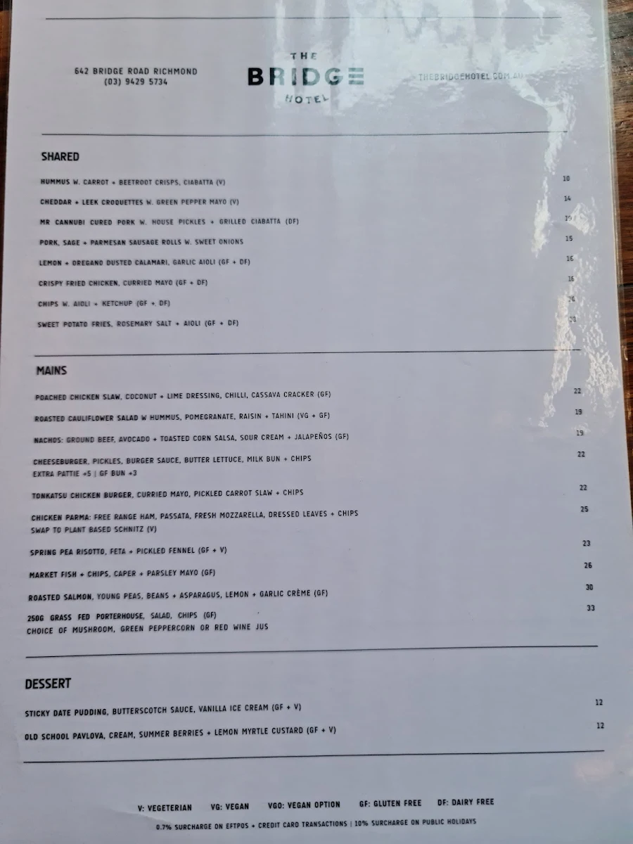 Menu, Bridge Hotel