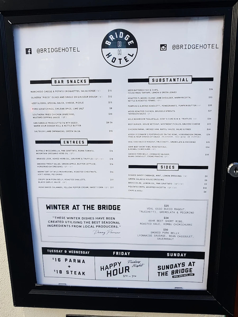 Menu, Bridge Hotel