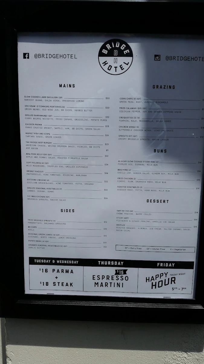 Menu, Bridge Hotel