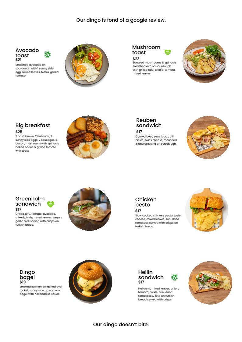 Menu, The Dingo cafe