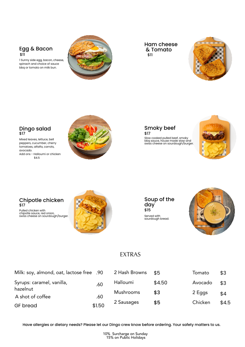 Menu, The Dingo cafe