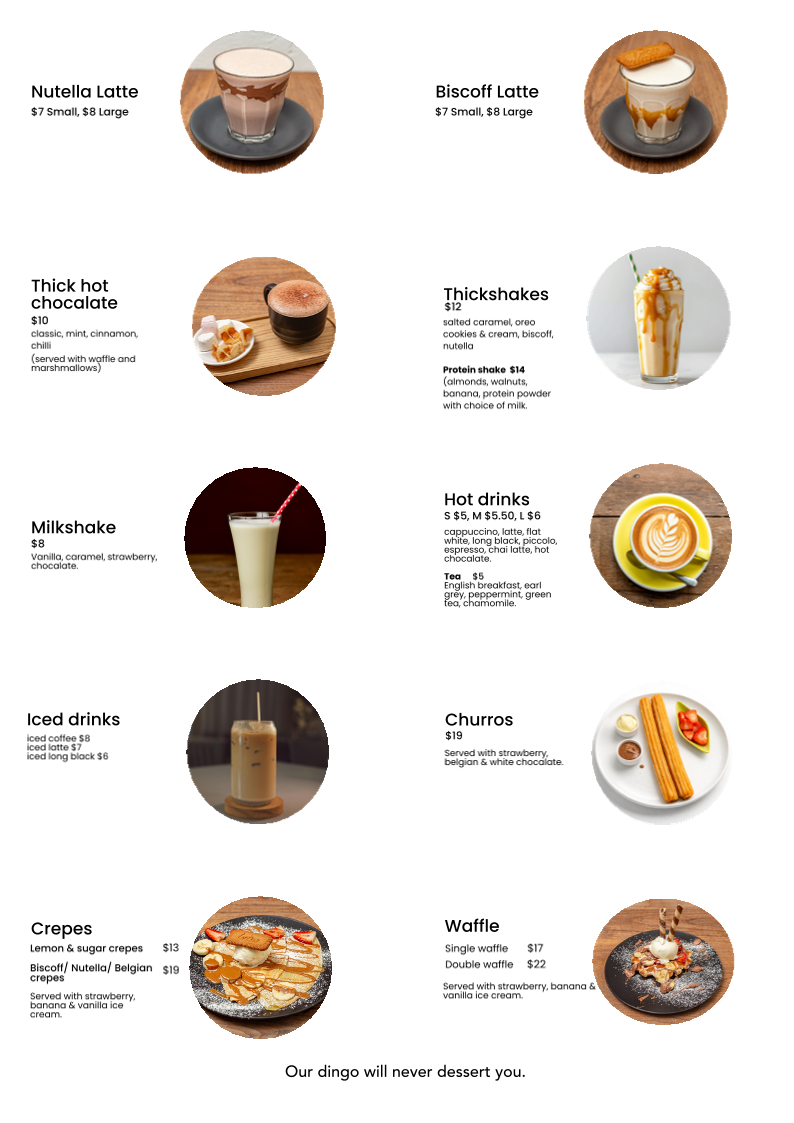 Menu, The Dingo cafe