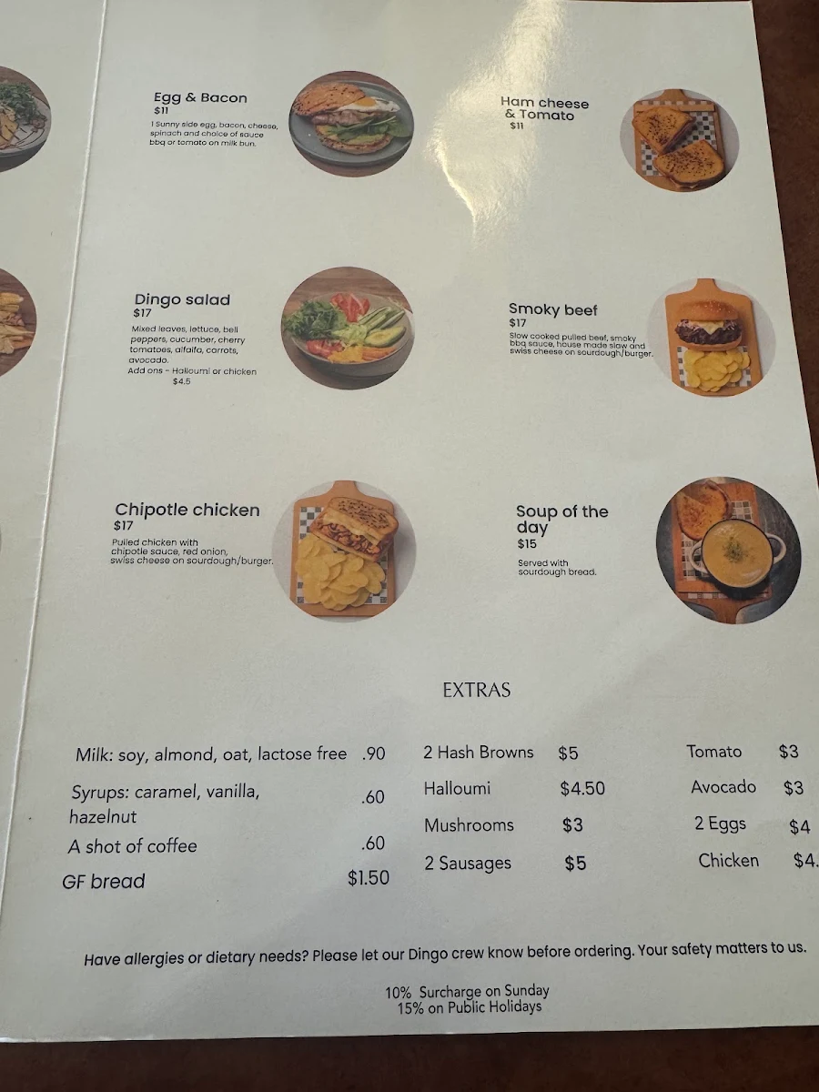 Menu, The Dingo cafe