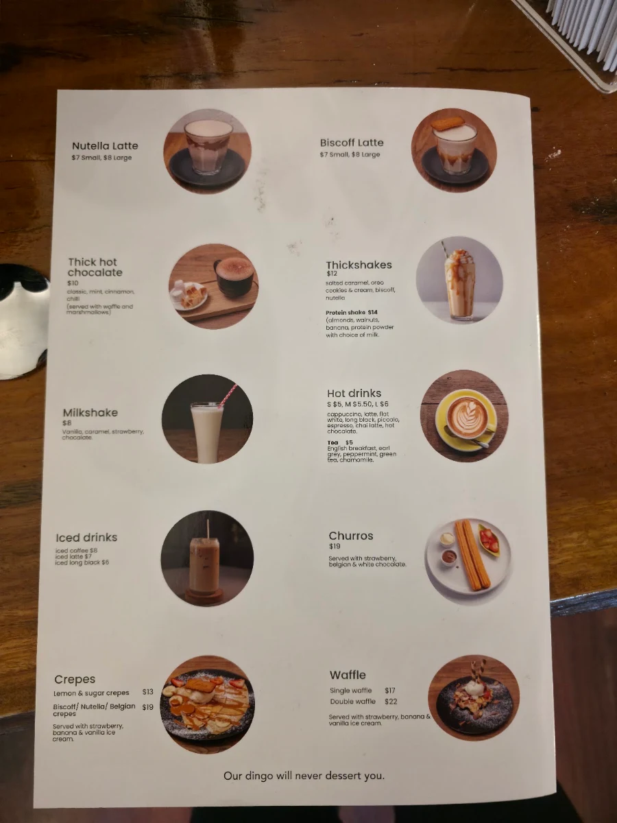 Menu, The Dingo cafe