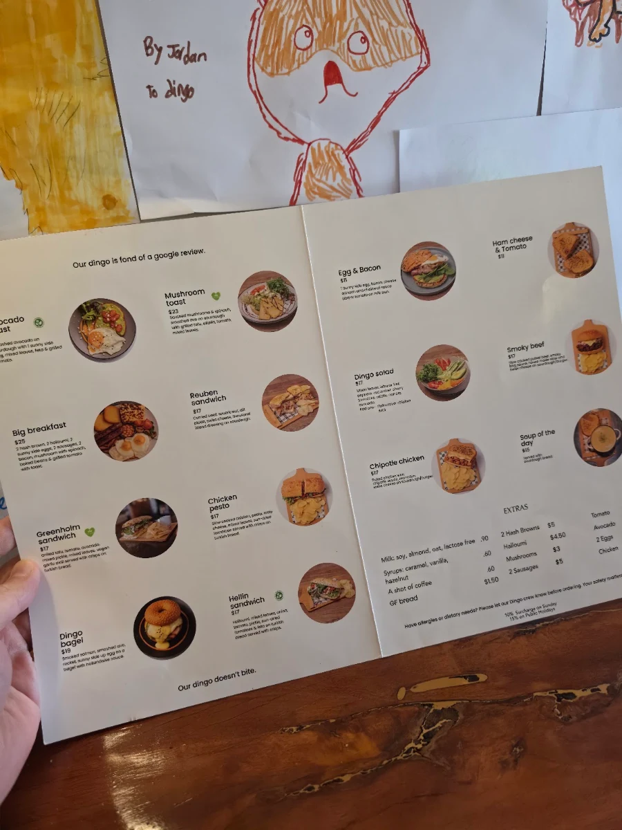 Menu, The Dingo cafe