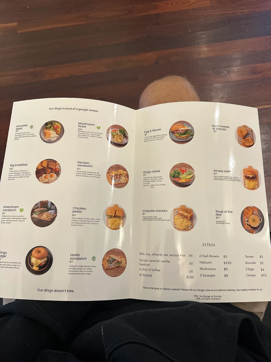 Menu, The Dingo cafe
