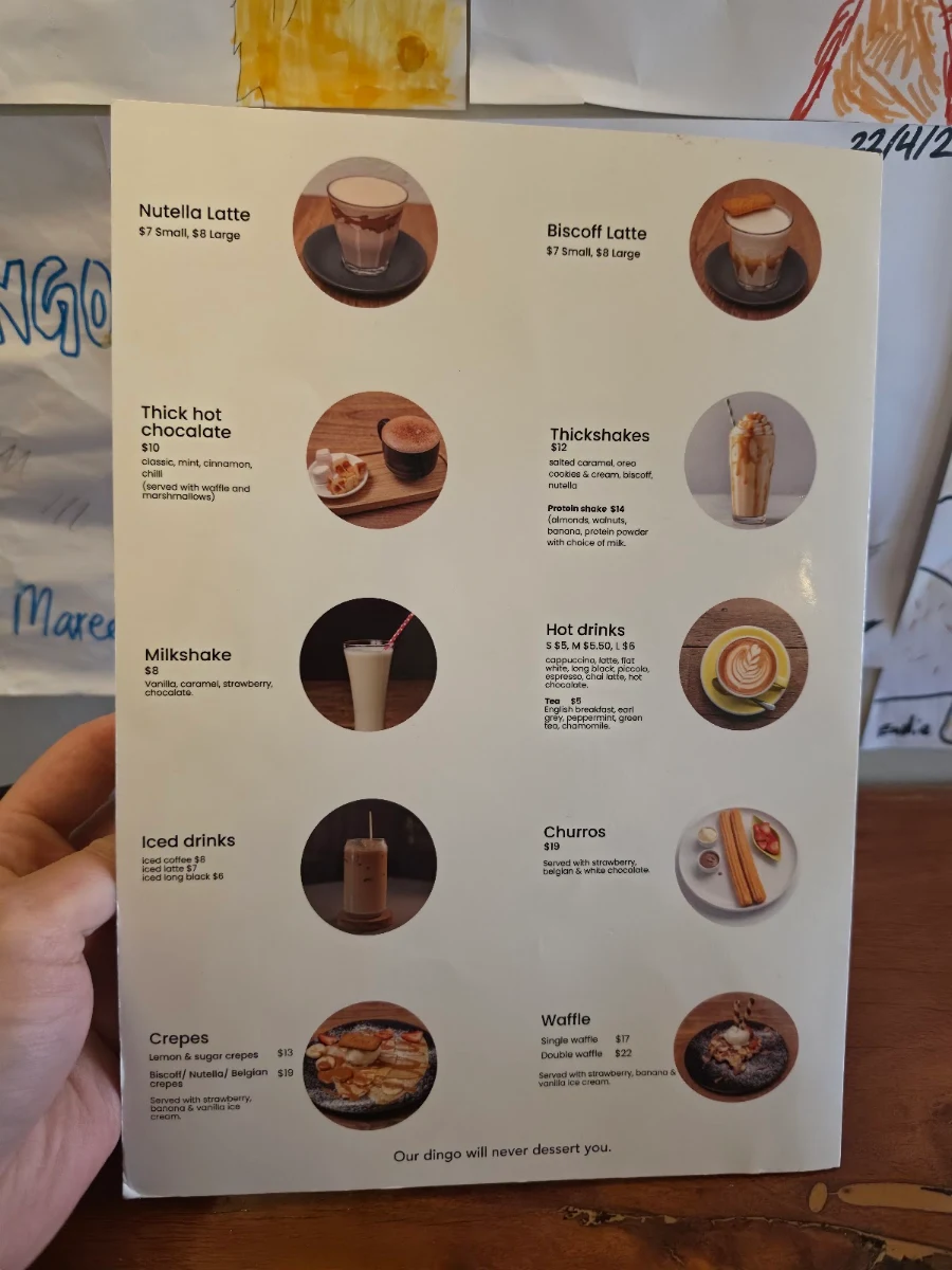 Menu, The Dingo cafe