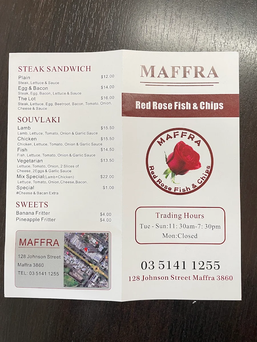 Menu, Red Rose Cafe