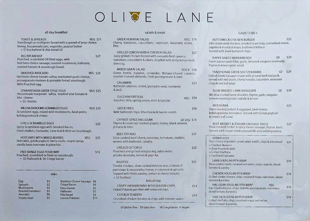 Menu, Olive Lane