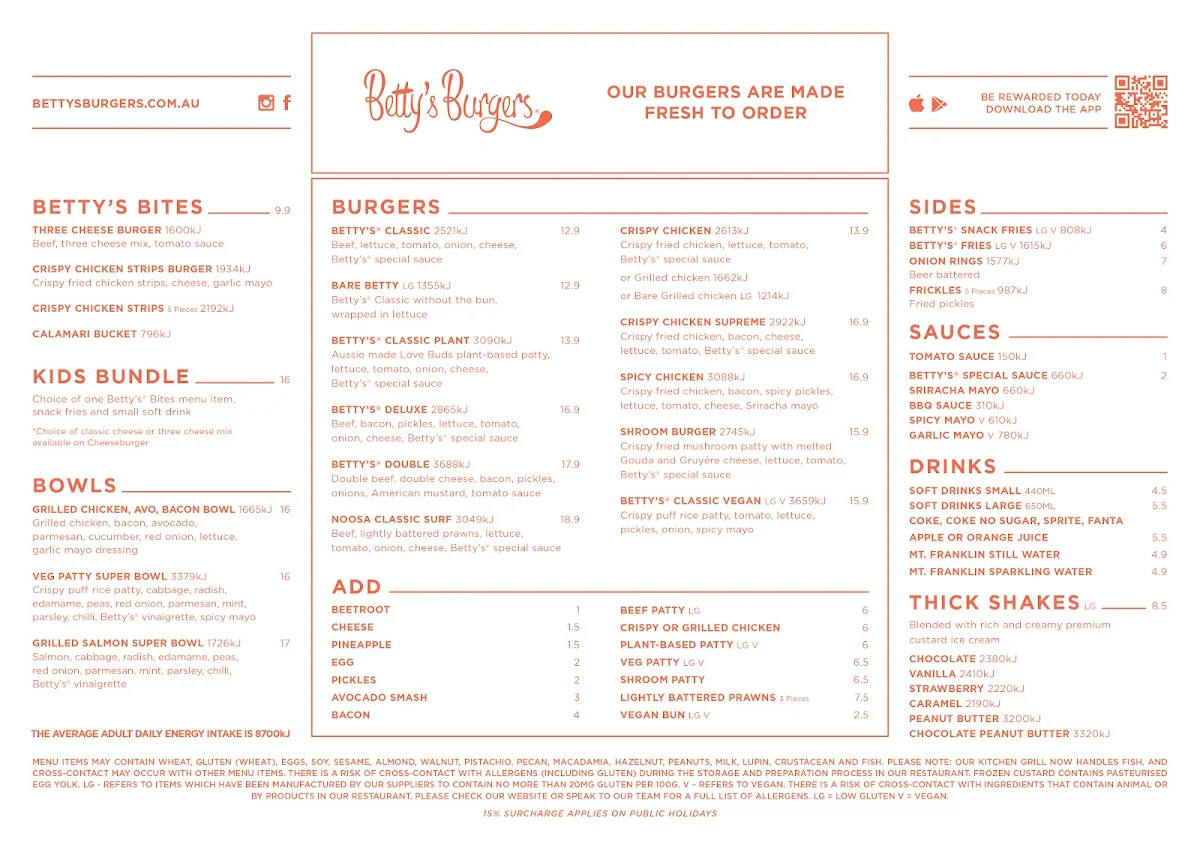 Menu, Betty's Burgers