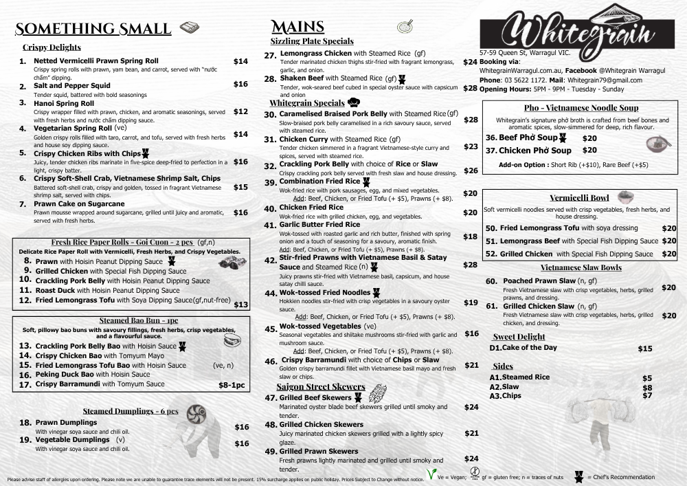 Menu, Whitegrain Warragul