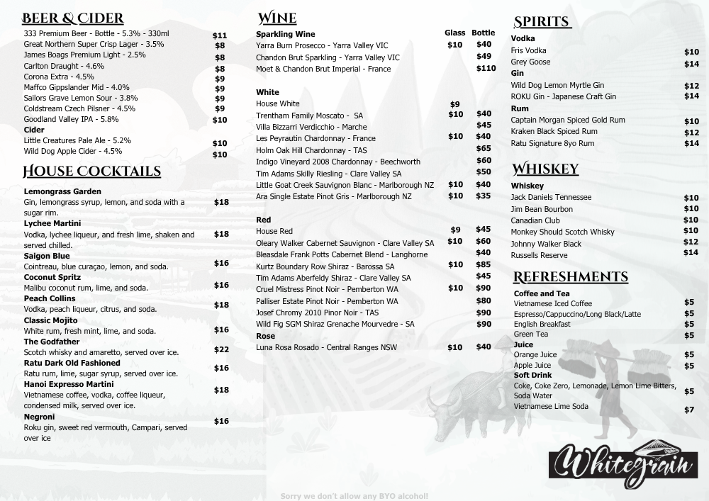 Menu, Whitegrain Warragul