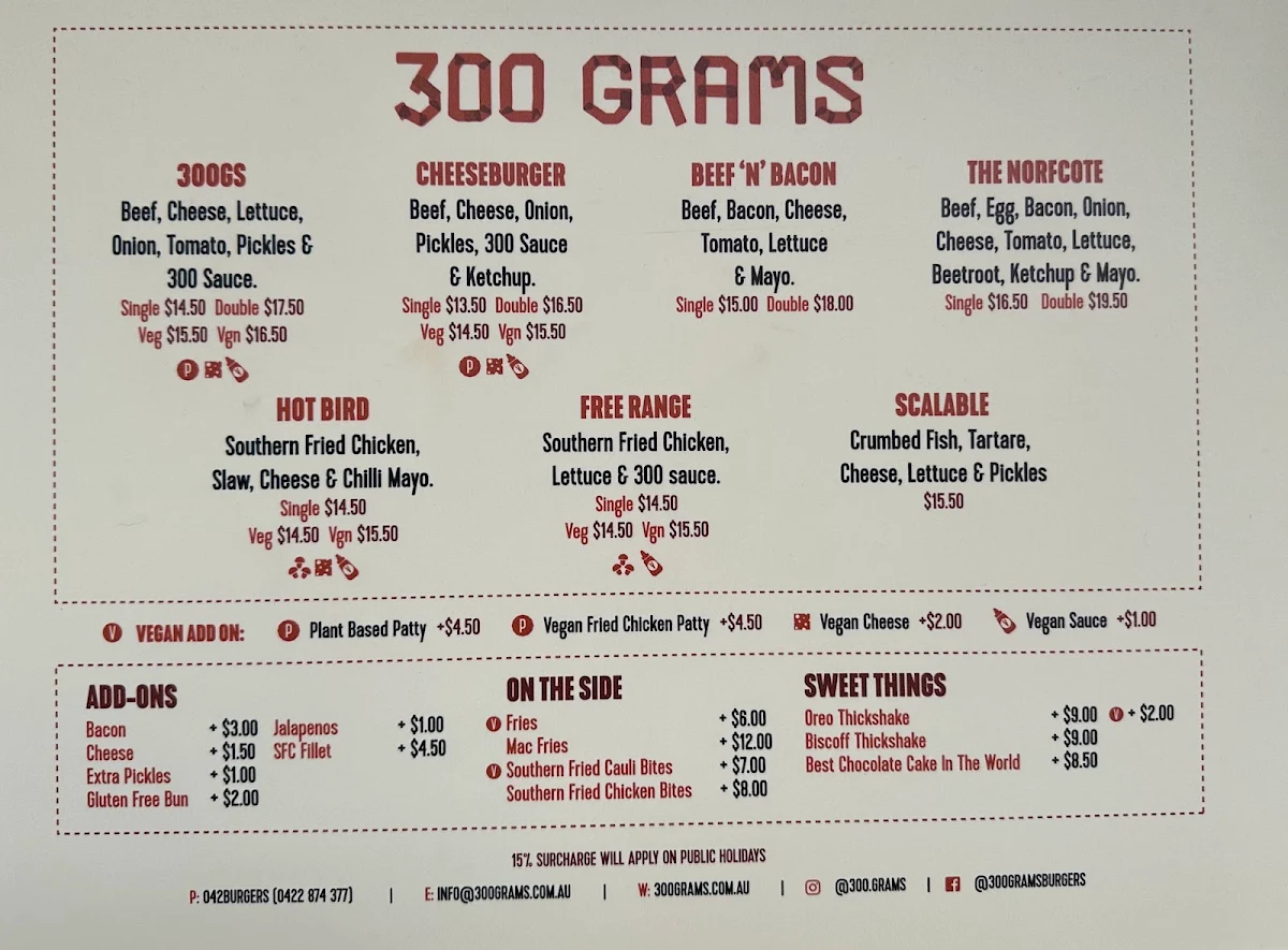 Menu, 300 Grams Richmond