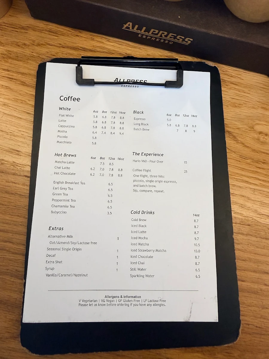 Menu, Allpress Espresso