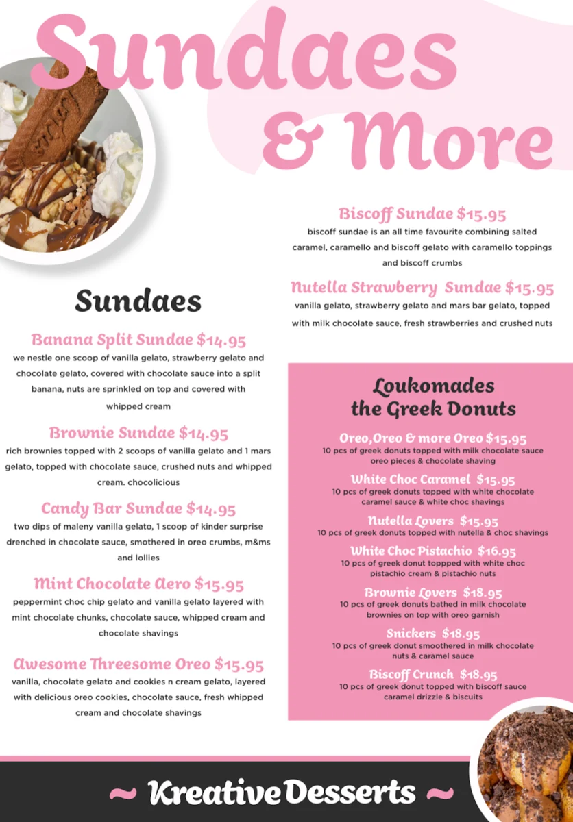 Menu, Kreative Desserts Victoria Point