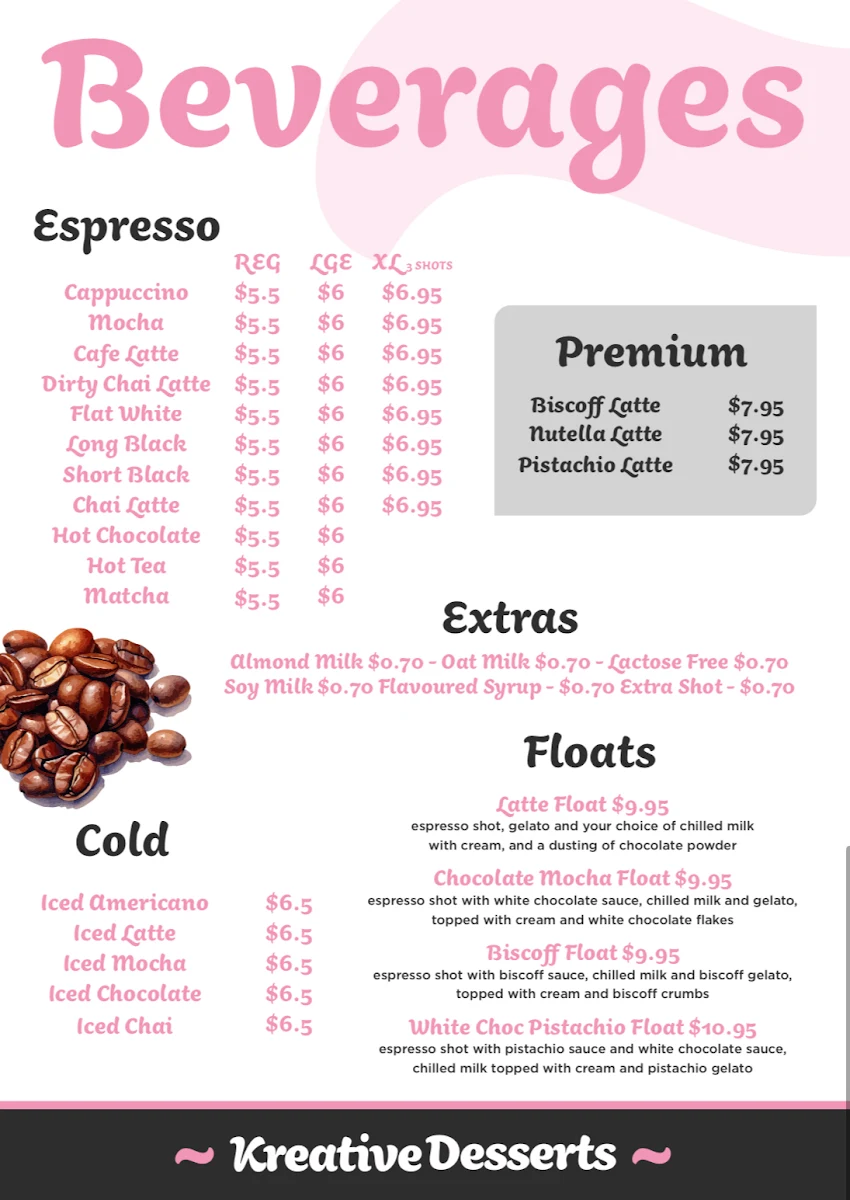 Menu, Kreative Desserts Victoria Point