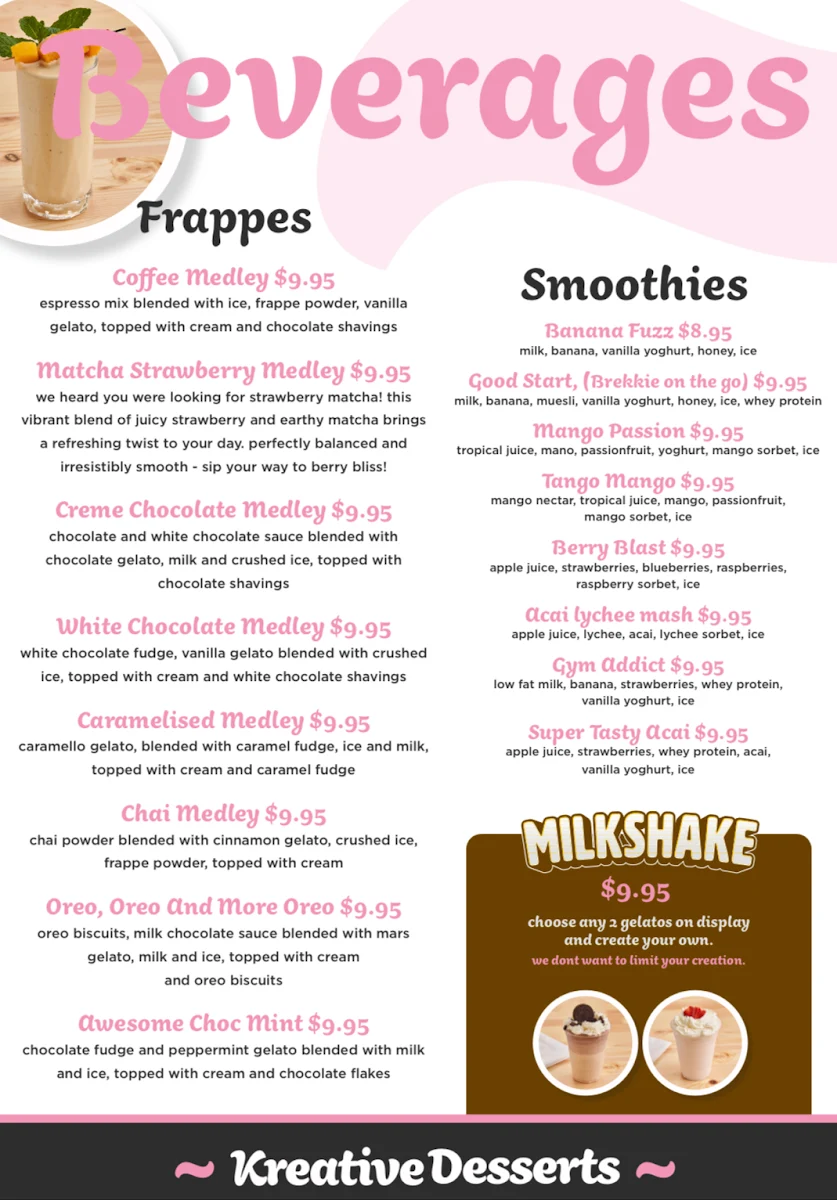 Menu, Kreative Desserts Victoria Point