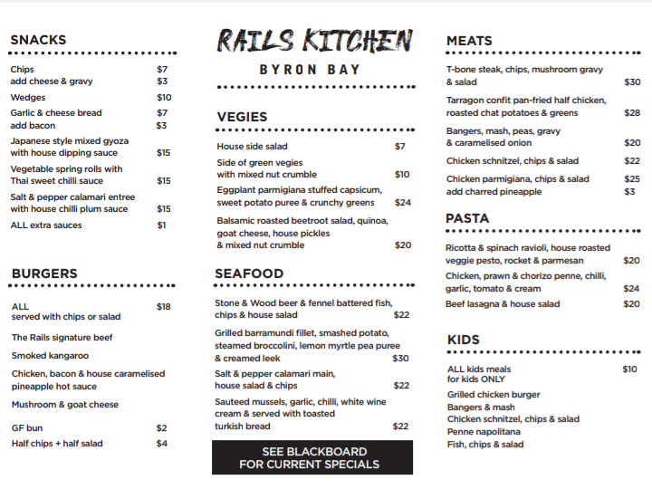 Menu, Railway Friendly Bar