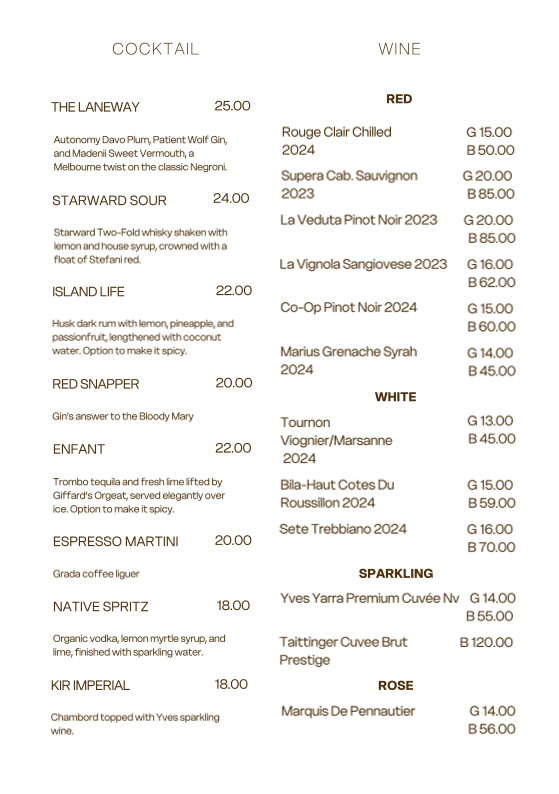 Menu, George’s Table