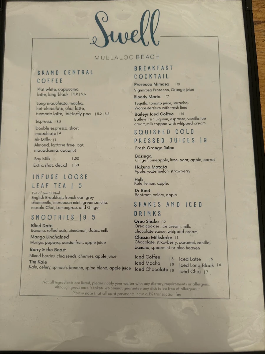 Menu, Swell Mullaloo Beach
