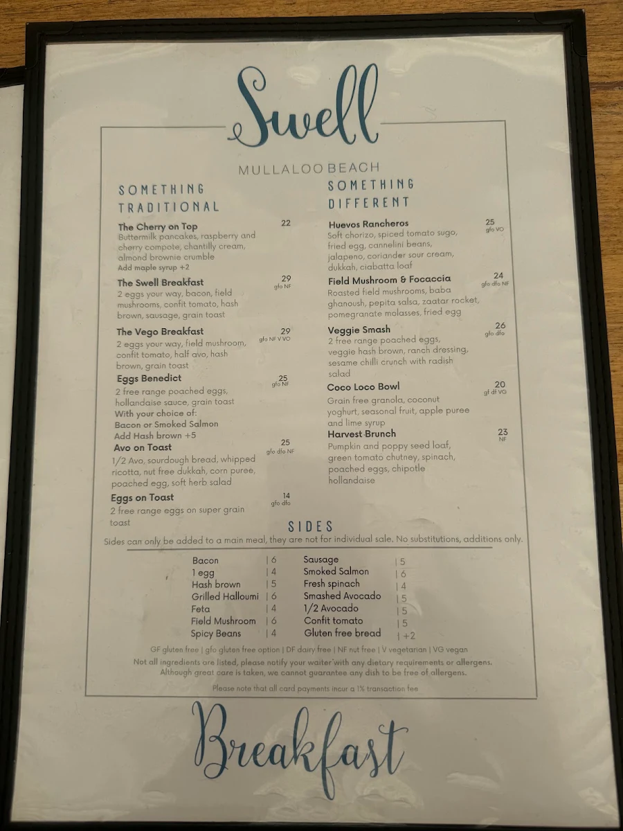 Menu, Swell Mullaloo Beach