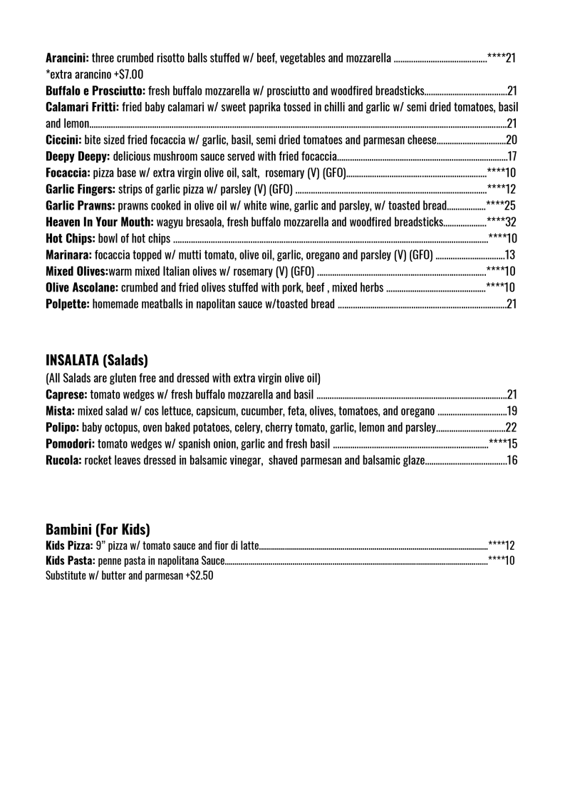 Menu, Da Orlando Pizzeria (Wollongong)