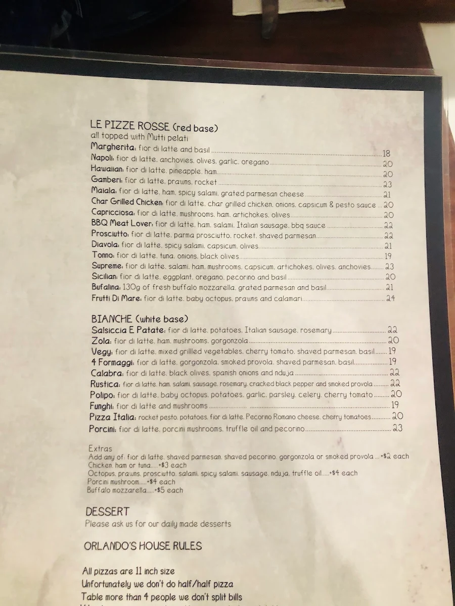 Menu, Da Orlando Pizzeria (Wollongong)