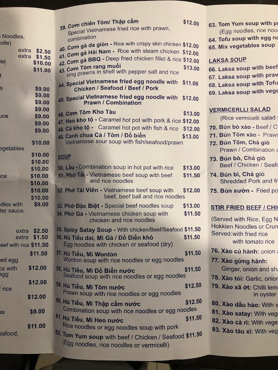 Menu, VN Noodle House