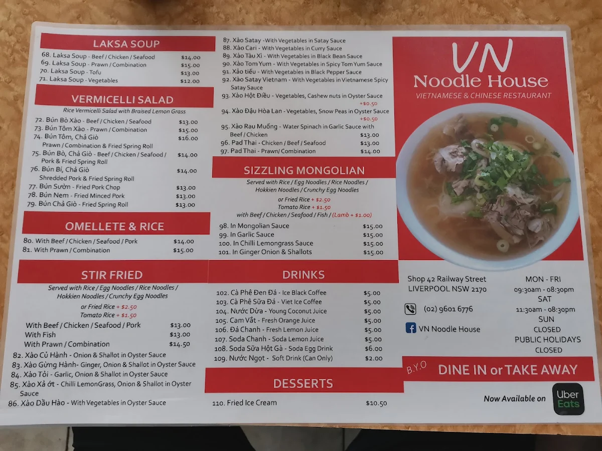 Menu, VN Noodle House