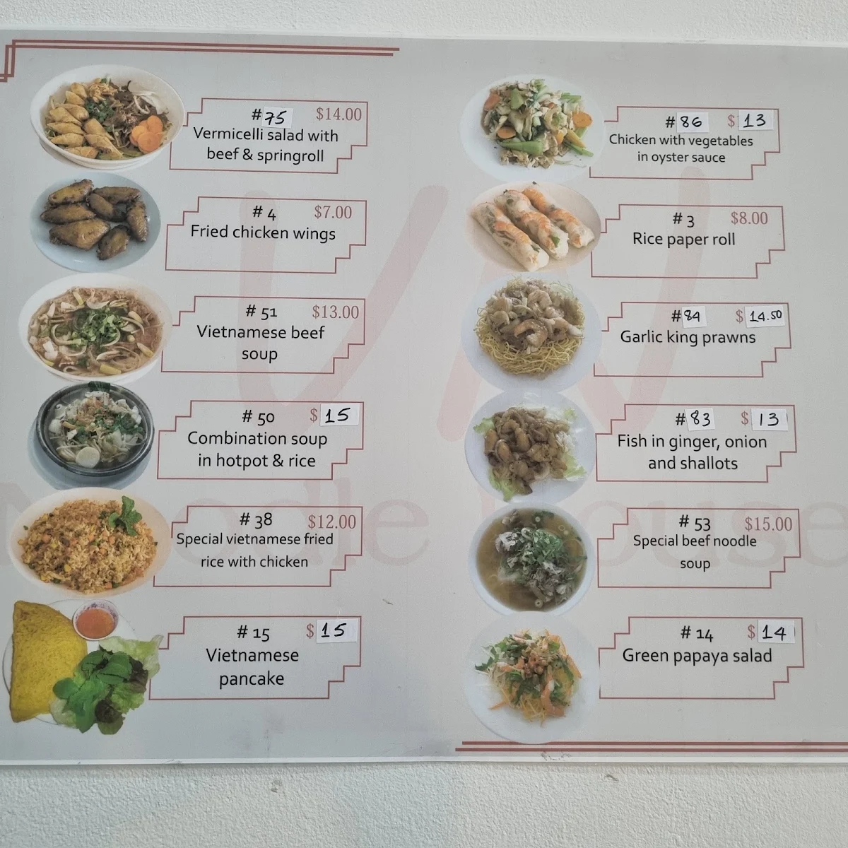 Menu, VN Noodle House