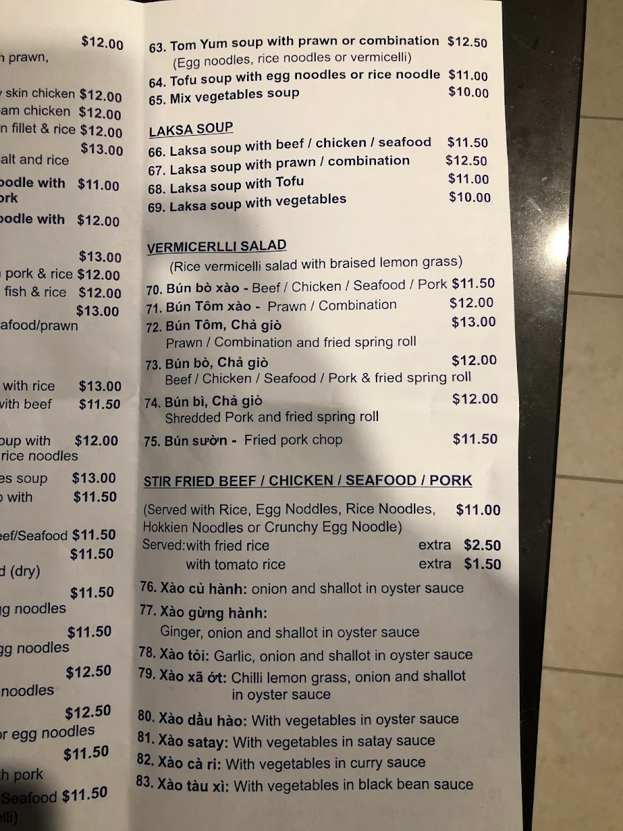Menu, VN Noodle House